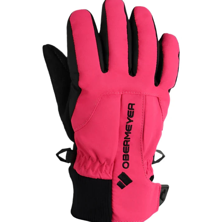 Obermeyer Junior's Thumbs Up Glove 2025 - A pink glove with a black cuff and thumb strap, featuring a logo on the back of the hand.