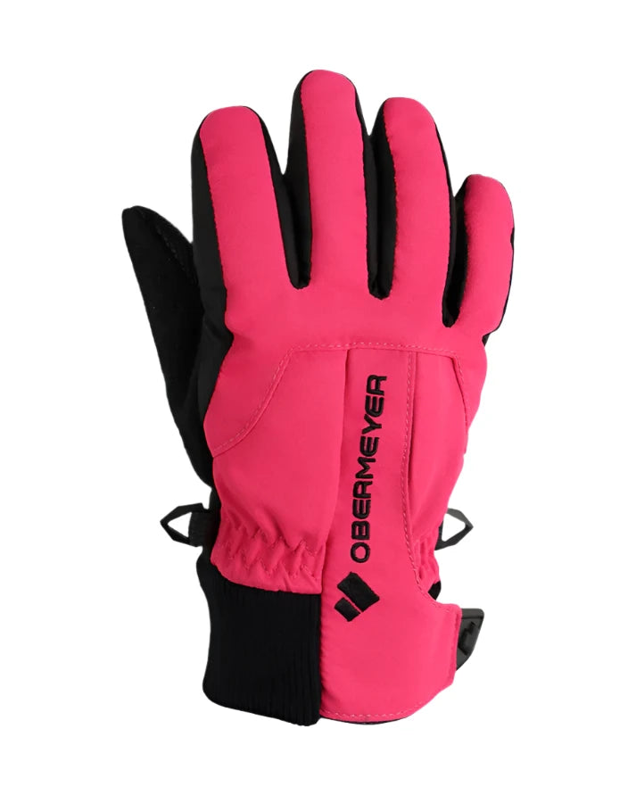 Obermeyer Junior's Thumbs Up Glove 2025 - A pink glove with a black cuff and thumb strap, featuring a logo on the back of the hand.