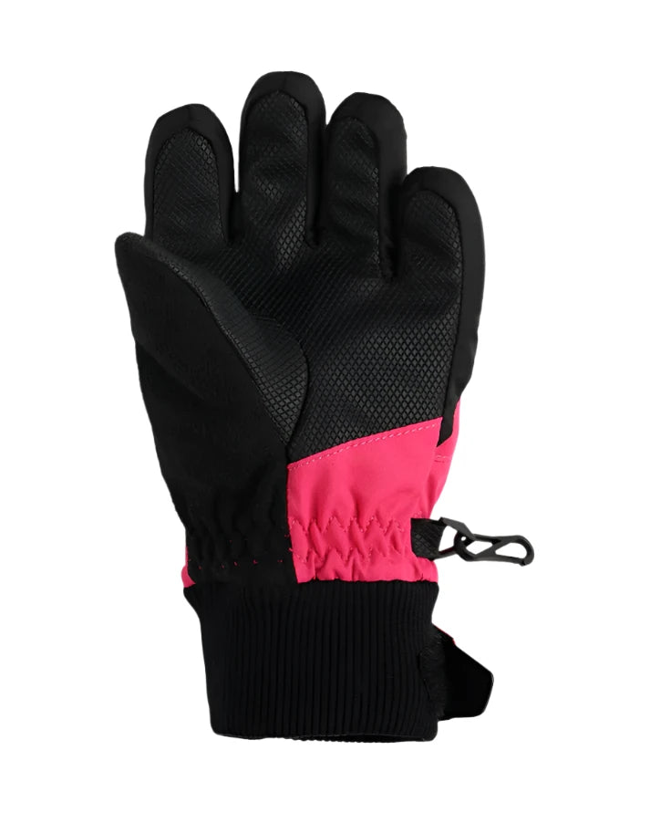 Obermeyer Junior's Thumbs Up Glove 2025 - A black glove with a pink patch on the wrist and a small black clip attached to it.