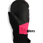 Obermeyer Junior's Thumbs Up Mitten 2025 - A black mitten with a pink patch on the wrist and thumb strap.