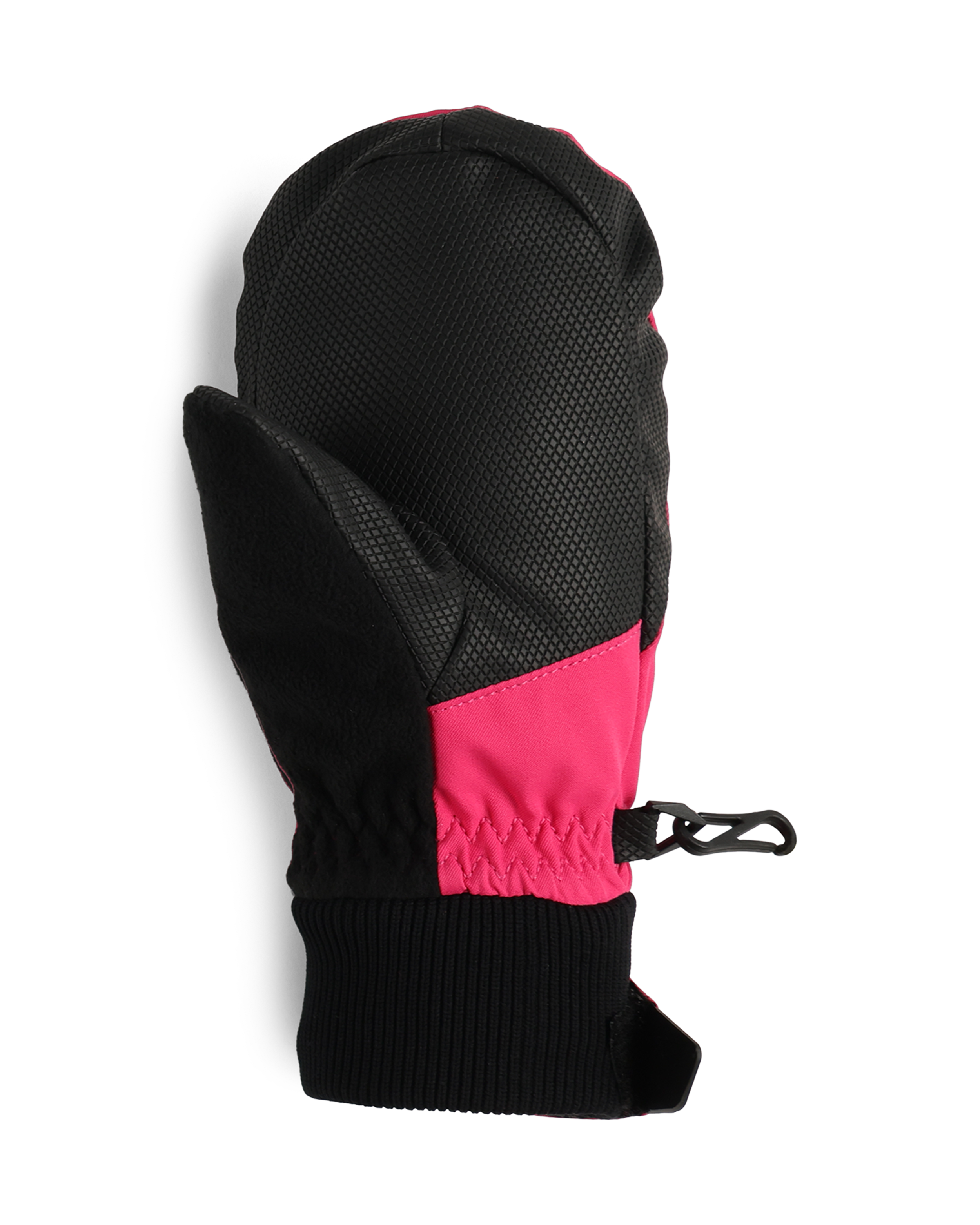 Obermeyer Junior's Thumbs Up Mitten 2025 - A black mitten with a pink patch on the wrist and thumb strap.