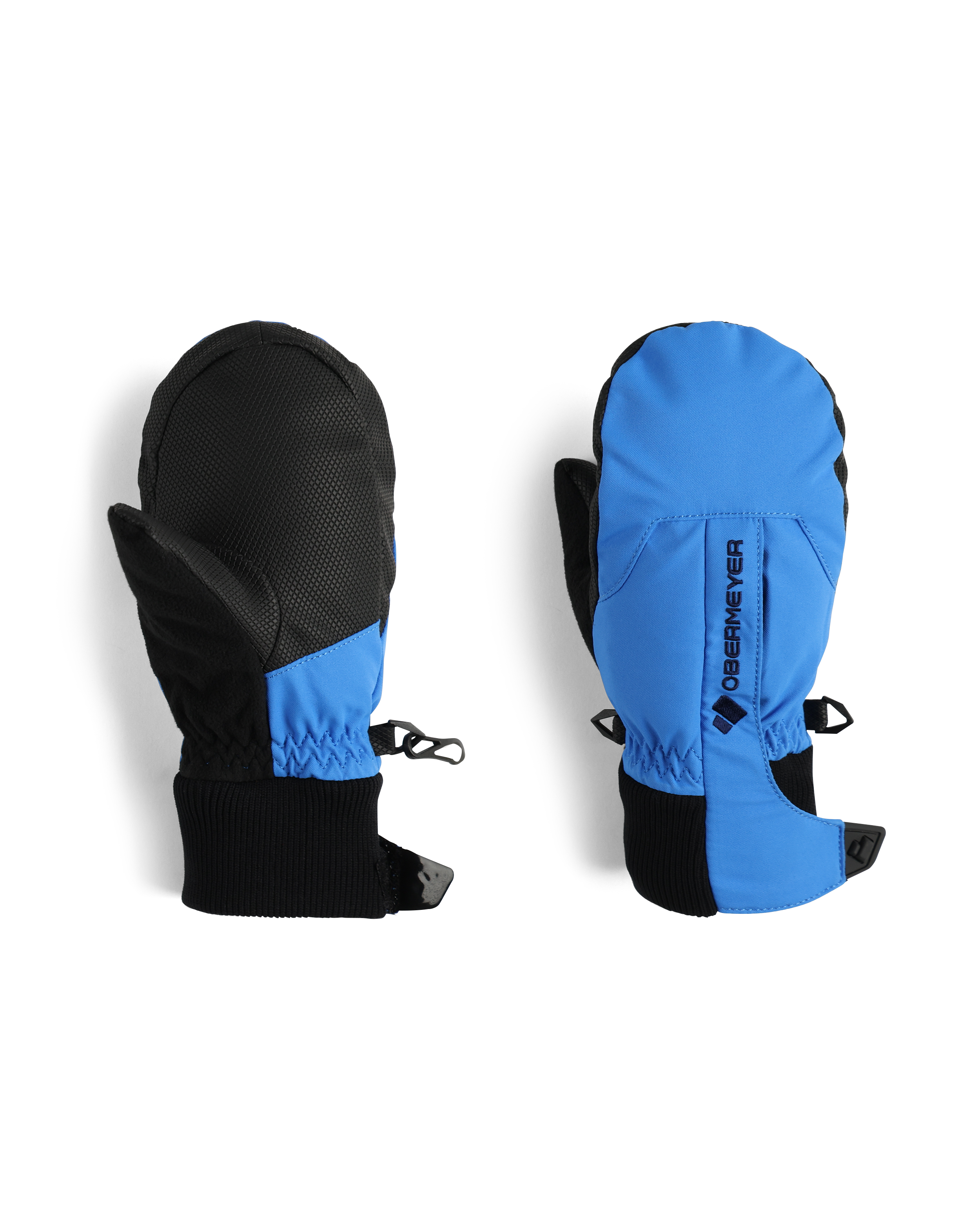 Obermeyer Junior's Thumbs Up Mitten - A black and blue mitten with a textured palm and thumb, featuring a small logo on the cuff.