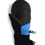 Obermeyer Junior's Thumbs Up Mitten - Mittens are black with a blue patch on the thumb and wrist strap.