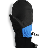 Obermeyer Junior's Thumbs Up Mitten - Mittens are black with a blue patch on the thumb and wrist strap.