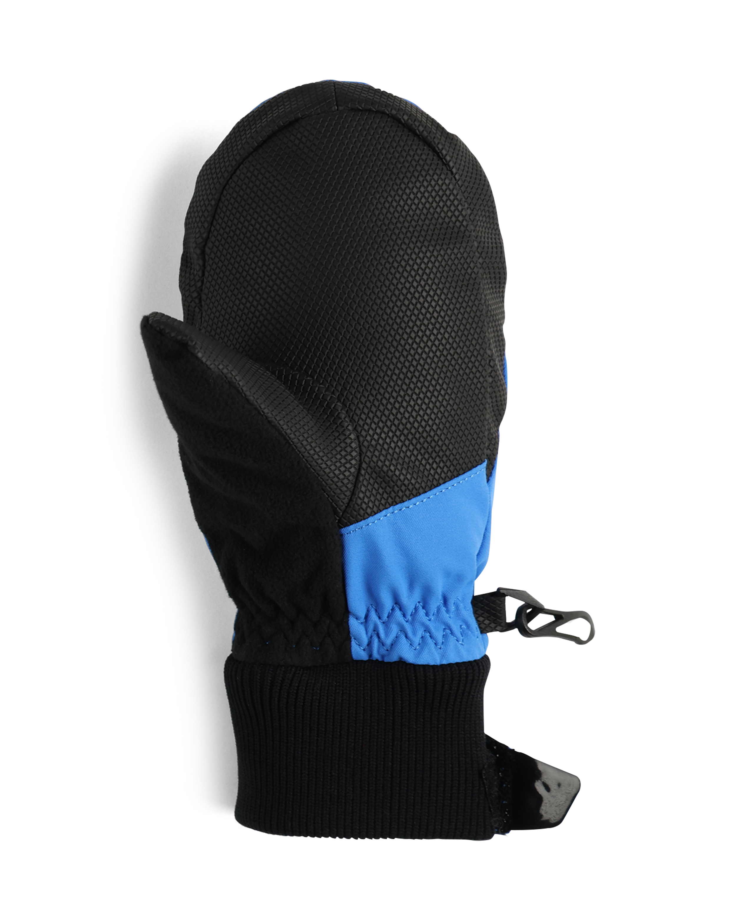 Obermeyer Junior's Thumbs Up Mitten - Mittens are black with a blue patch on the thumb and wrist strap.