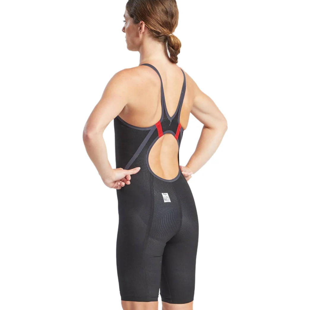 Finis Women's Hydrox Open Back Kneeskin Tech Suit - A black swimsuit with a red stripe on the back strap and an open back design.