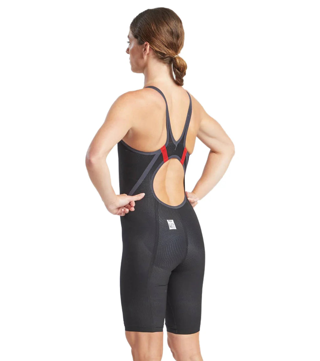 Finis Women's Hydrox Open Back Kneeskin Tech Suit - A black swimsuit with a red stripe on the back strap and an open back design.