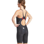 Finis Women's Hydrox Open Back Kneeskin Tech Suit - A black swimsuit with a red stripe on the back strap and an open back design.