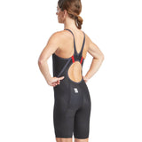 Finis Women's Hydrox Open Back Kneeskin Tech Suit - A black swimsuit with a red stripe on the back strap and an open back design.