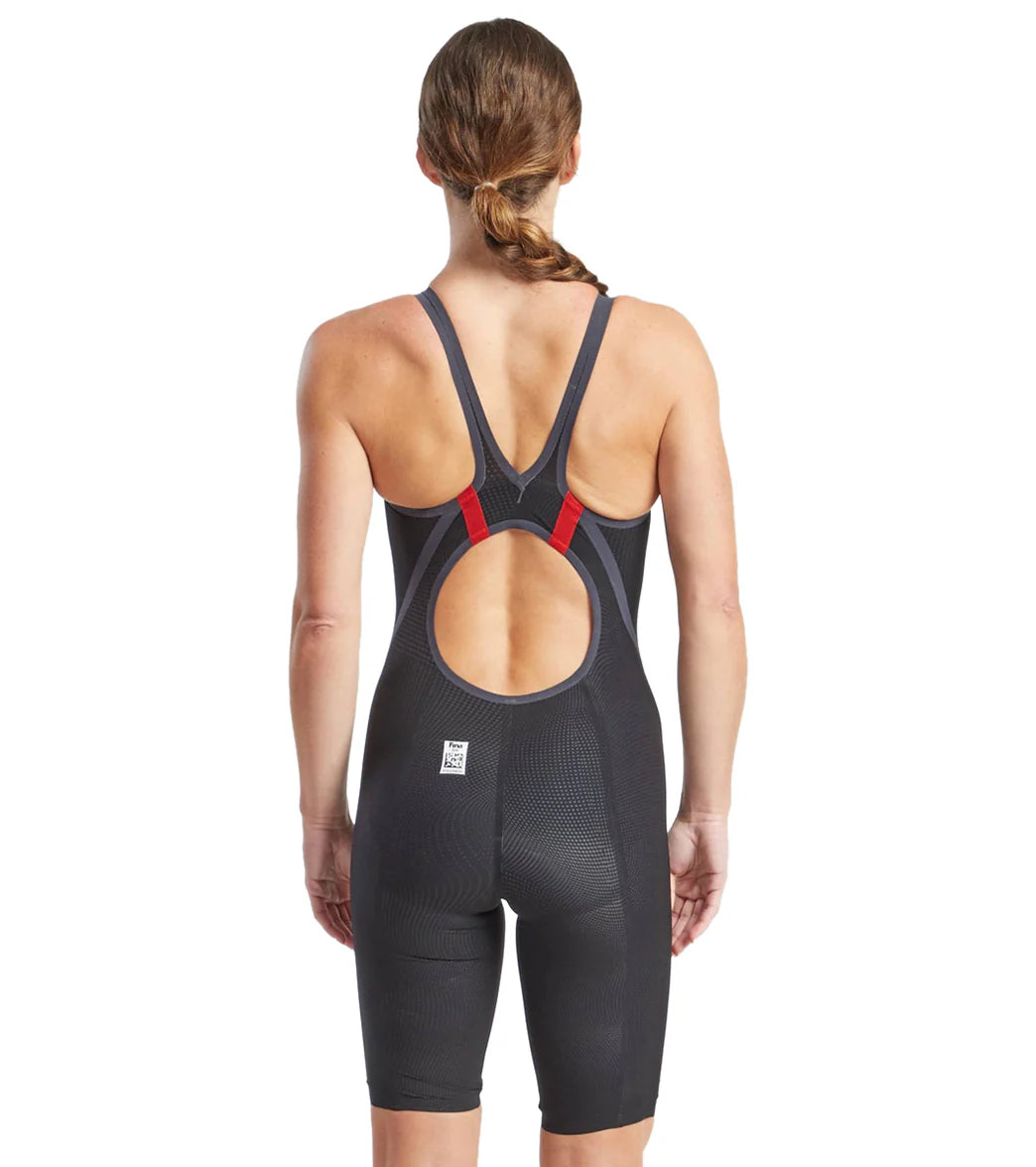 Finis Women's Hydrox Open Back Kneeskin Tech Suit - A black swimsuit with a red logo on the left hip and an open back design.