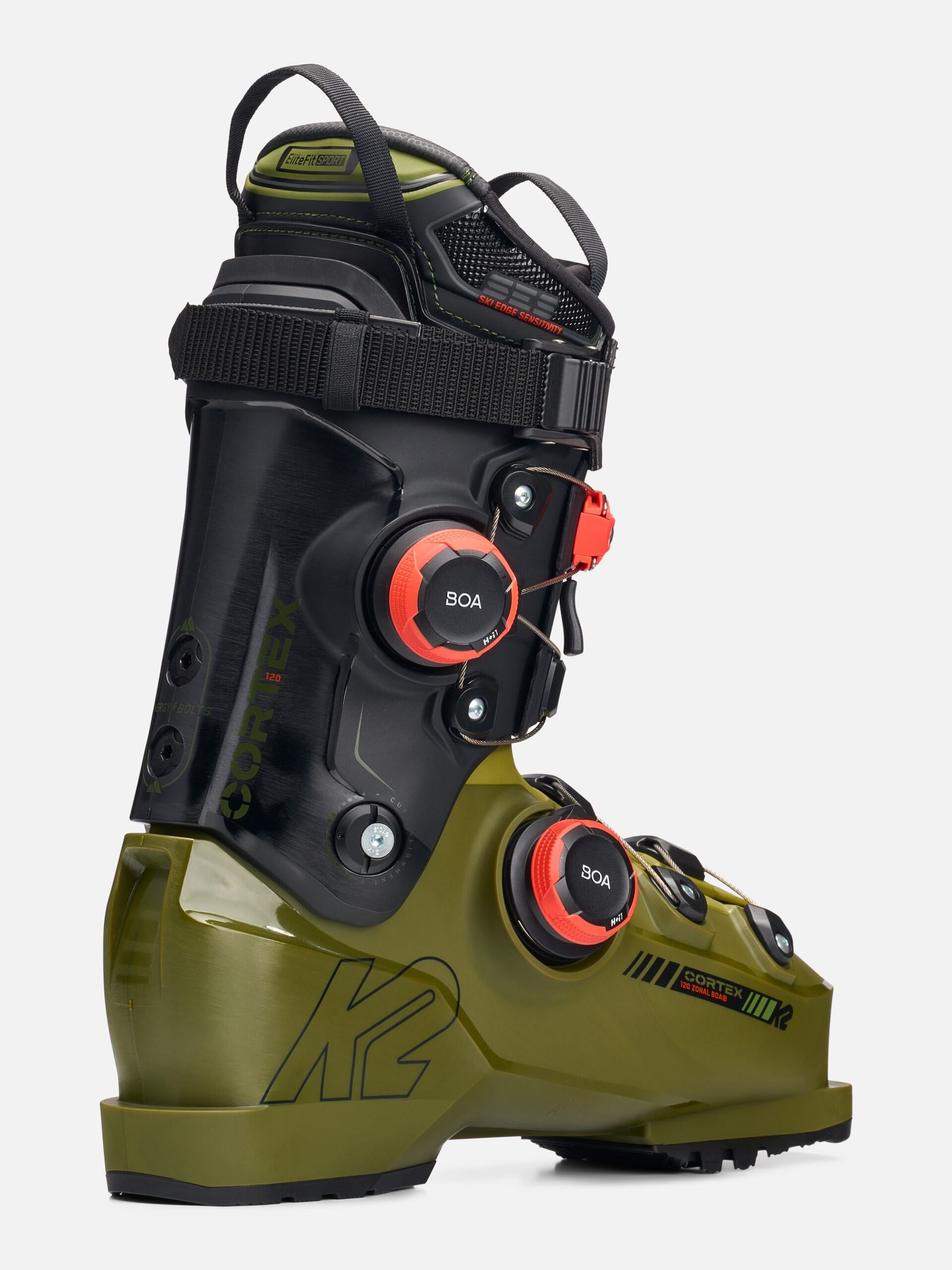 K2 Cortex 120 Zonal BOA ski boots feature a green and black color scheme with a red BOA dial.