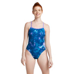 Speedo The One Printed One Piece Swimsuit - A blue swimsuit with a white and pink floral pattern.