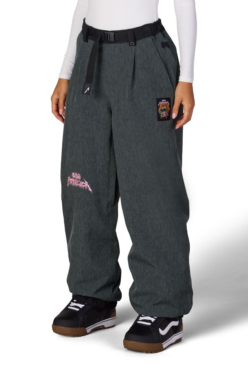 Women's dark gray wide-leg shell pants with elastic waistband and side graphics