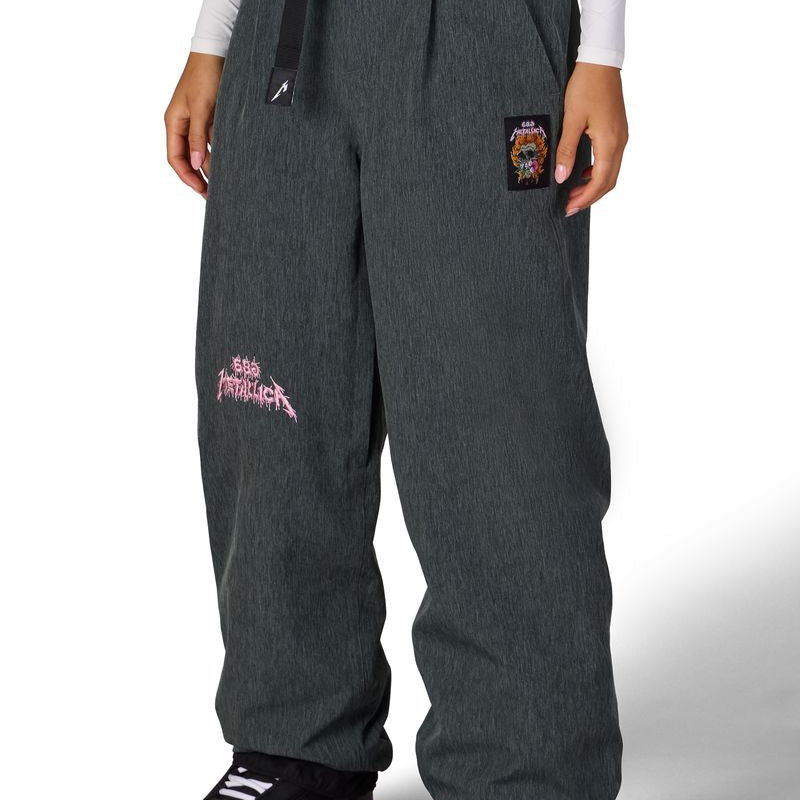 Women's dark gray wide-leg shell pants with elastic waistband and side graphics