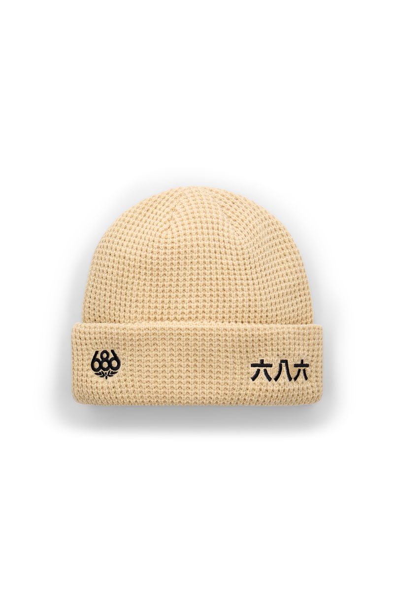 686 kanji beanie in light tan knit with cuff embroidery logo and characters