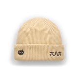 686 kanji beanie in light tan knit with cuff embroidery logo and characters