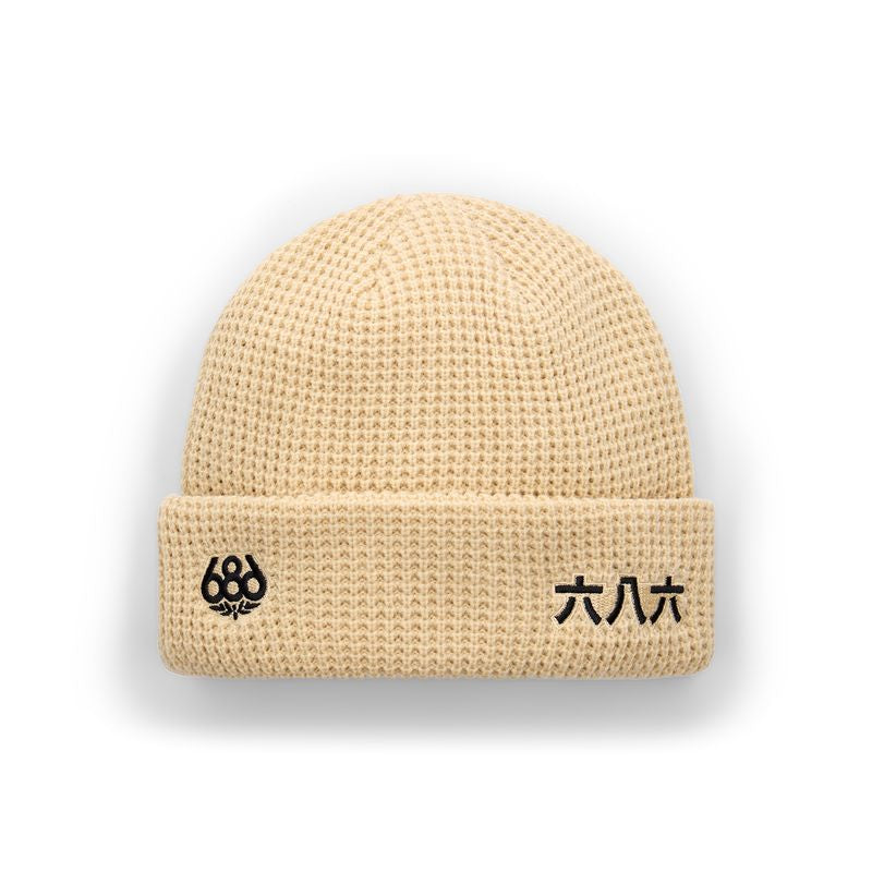 686 kanji beanie in light tan knit with cuff embroidery logo and characters
