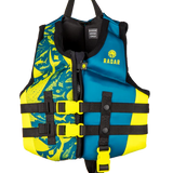 Radar Boy's CGA Life Vest 2024 - Blue life vest with yellow accents and a shark graphic on the left side.