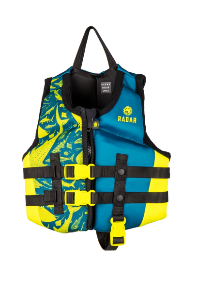 Radar Boy's CGA Life Vest 2024 - Blue life vest with yellow accents and a shark graphic on the left side.