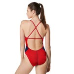 Speedo Edge Splice Crossback One Piece Swimsuit - A red one-piece swimsuit with a cross-back design and blue accents on the sides.