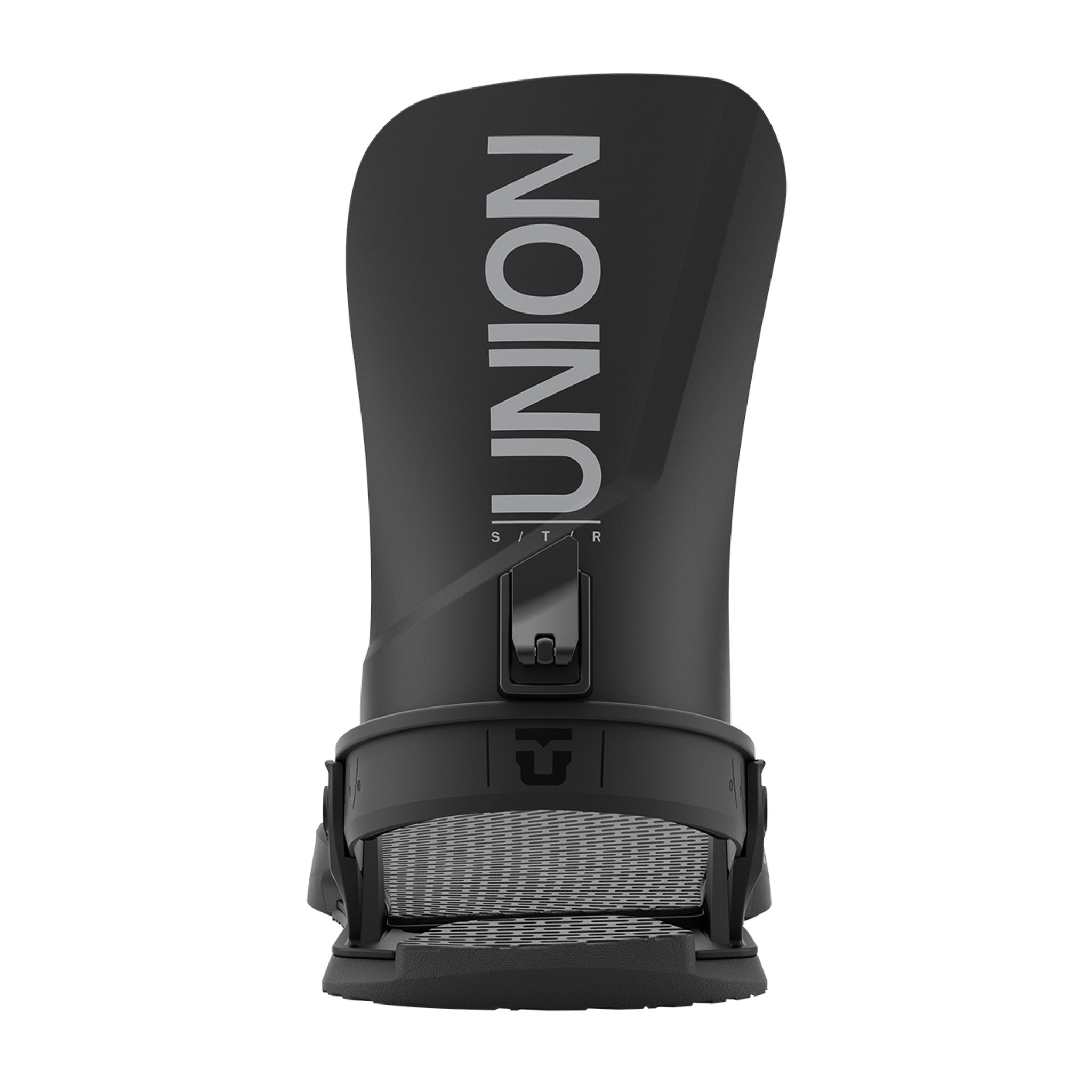 Union STR Snowboard Bindings 2025 - A pair of black snowboard bindings with a textured, rubber-like material on the base and straps.