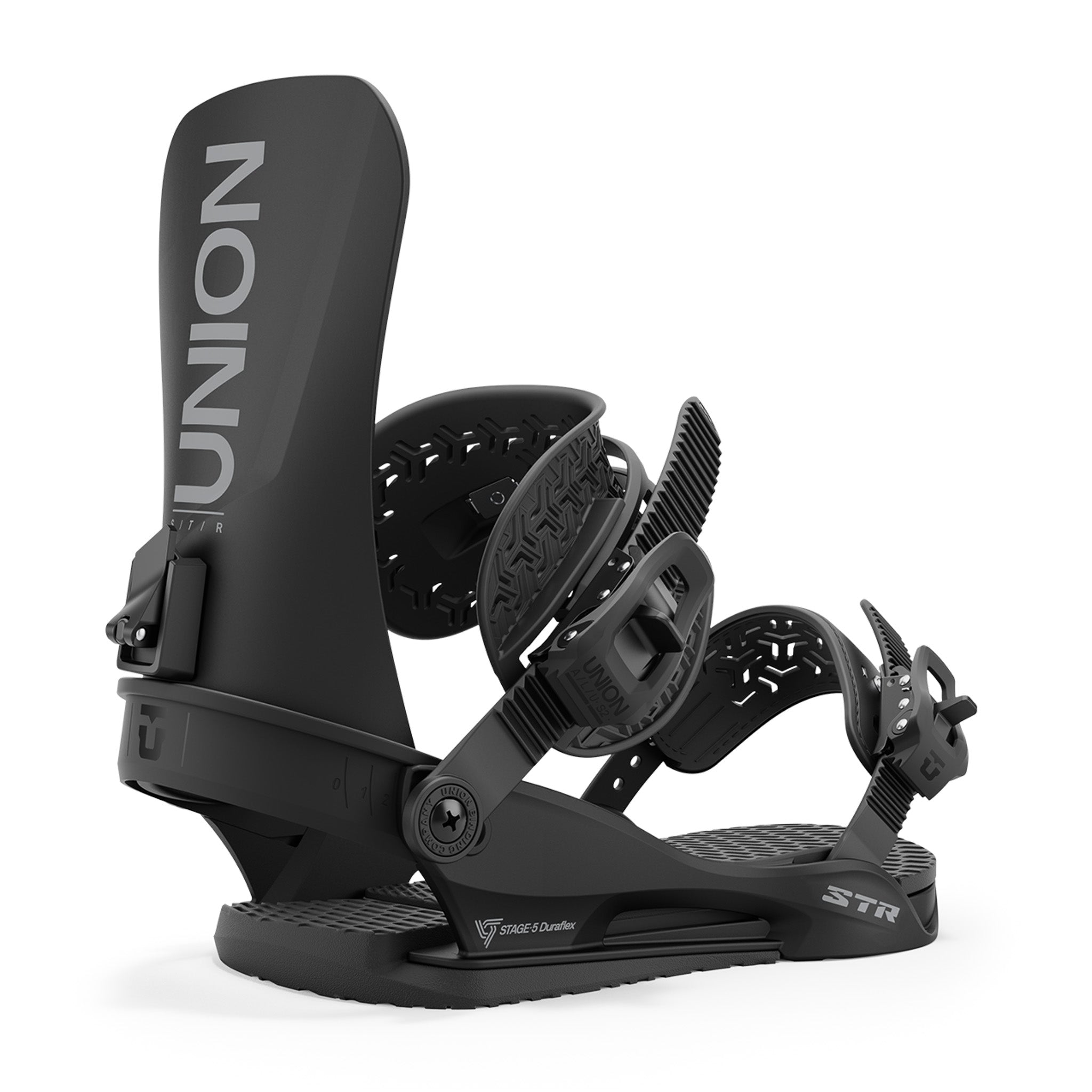 Union STR Snowboard Bindings 2025 - Black bindings with a sleek, modern design and silver hardware.