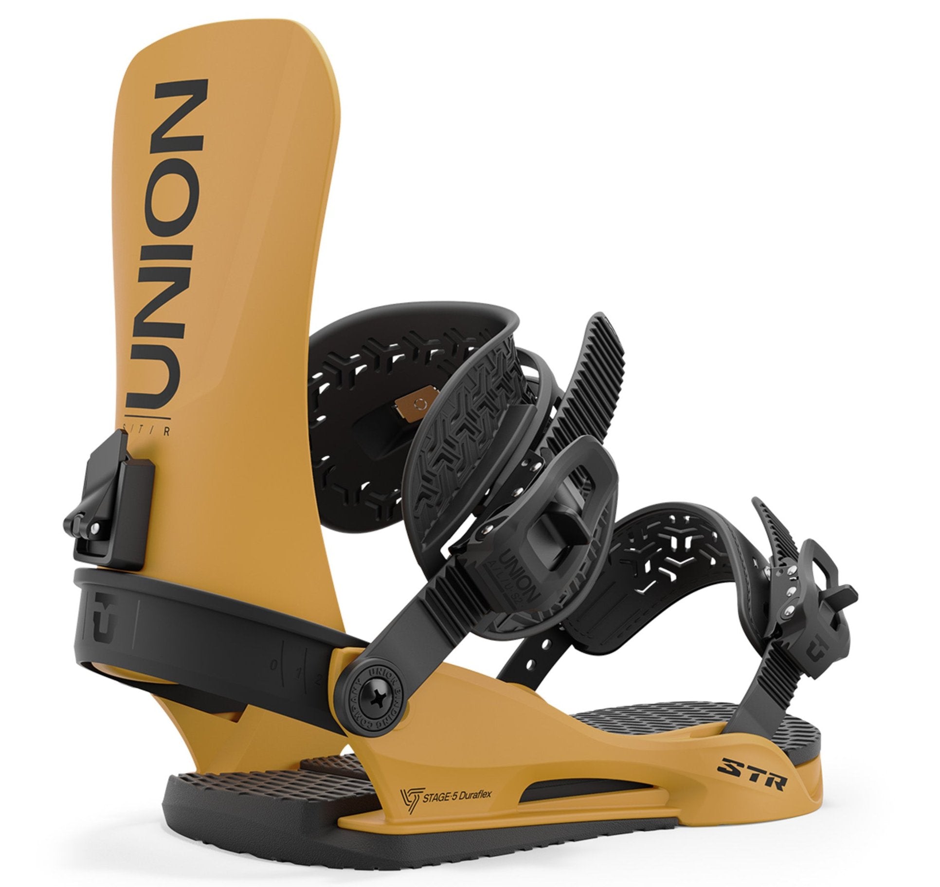 Union STR Snowboard Bindings 2025 - A pair of black snowboard bindings with a silver buckle and strap.