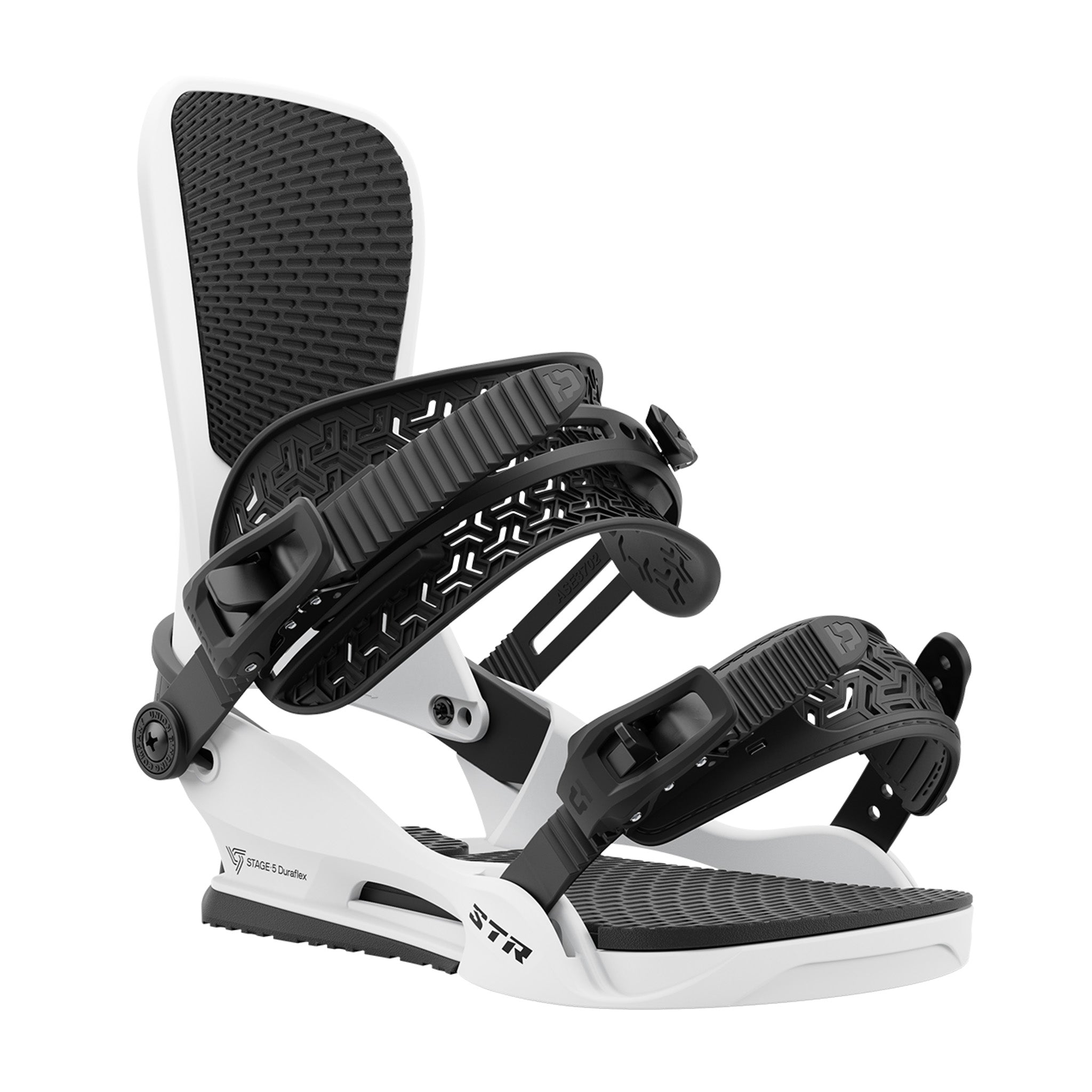 Union STR Snowboard Bindings 2025 - Black bindings with a geometric pattern on the straps and buckles.