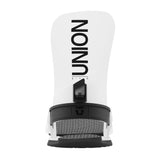 Union STR Snowboard Bindings 2025 - A pair of white snowboard bindings with black straps and buckles, featuring a textured pattern on the baseplate.