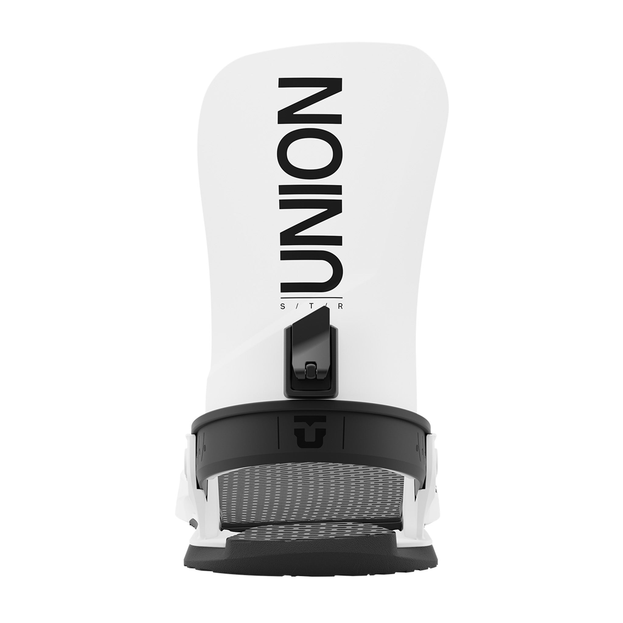 Union STR Snowboard Bindings 2025 - A pair of white snowboard bindings with black straps and buckles, featuring a textured pattern on the baseplate.