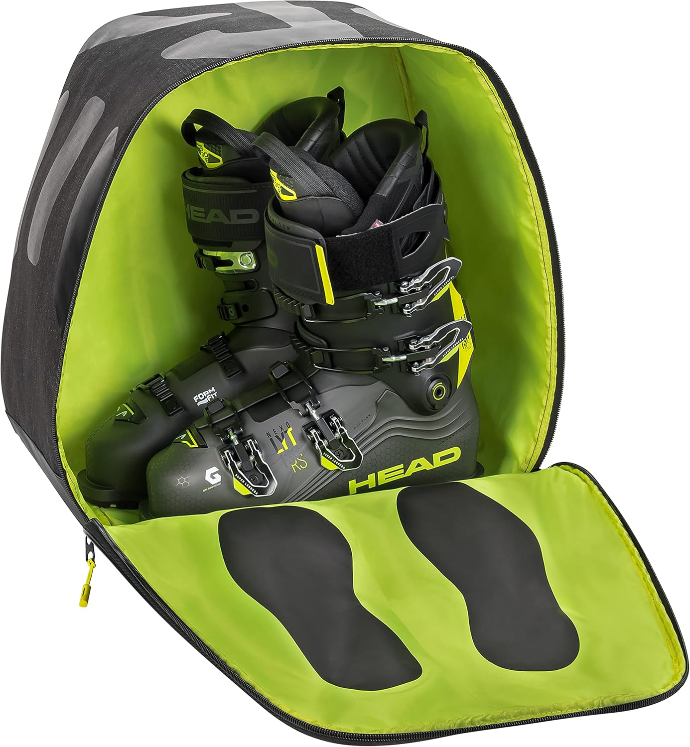 Head Kore Boot Bag 30L 2023 - A black boot bag with a zippered top and two side pockets, featuring a white logo on the front.