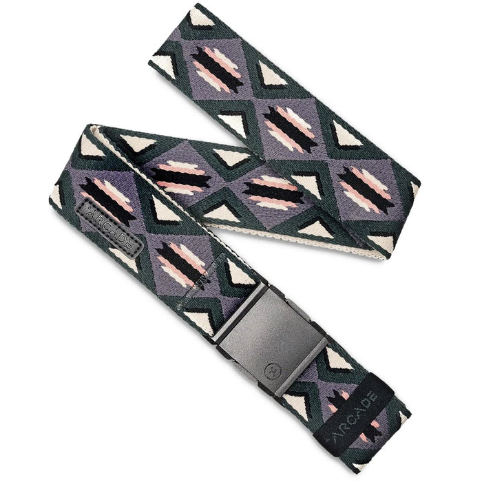 A charcoal gray belt with a geometric pattern of white triangles and pink claw marks, featuring a black buckle. The belt has a black leather patch with the brand name "ARCADE" embossed on it. The belt is neatly arranged with the buckle prominently displayed.