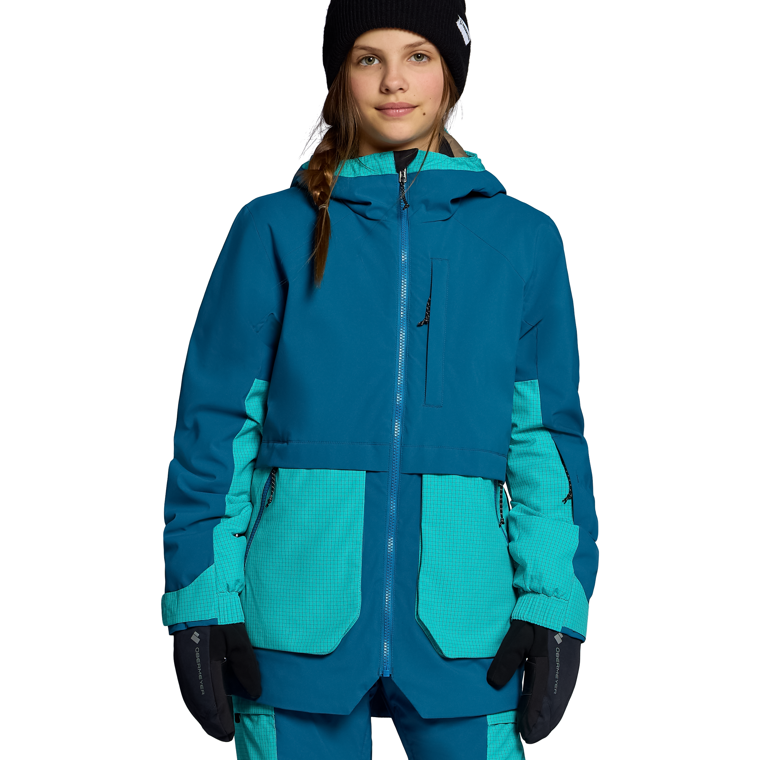 Girls insulated jacket with hood, full zipper, teal and dark blue color block
