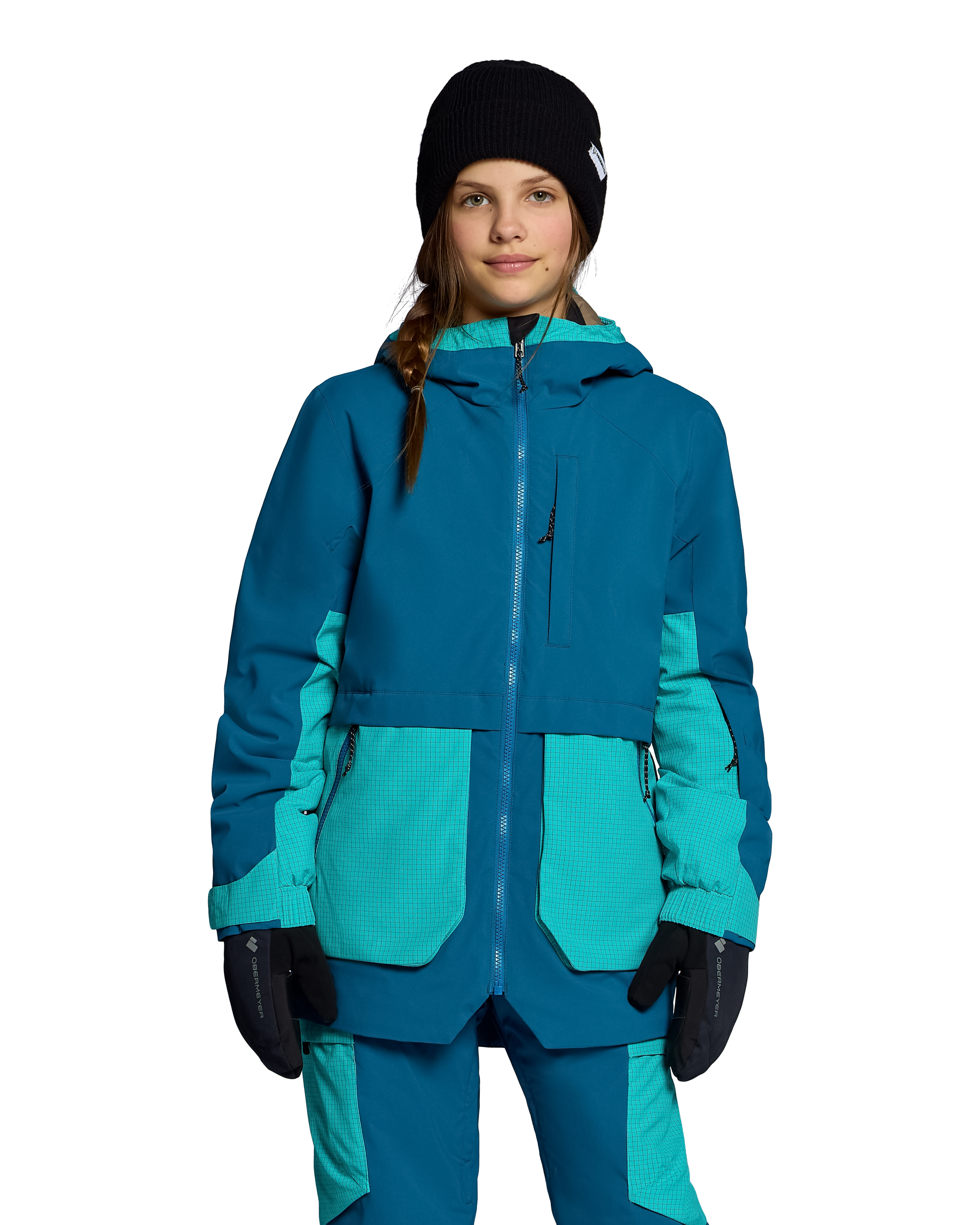 Girls insulated jacket with hood, full zipper, teal and dark blue color block