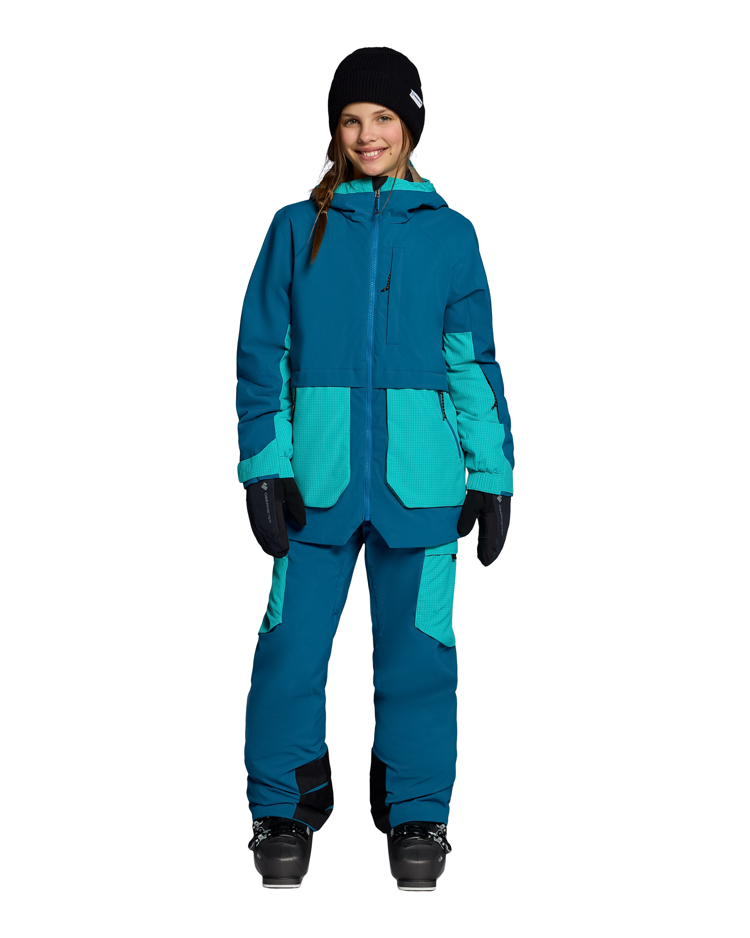 Girls insulated jacket with hood and full-zip front, teal and blue color blocks