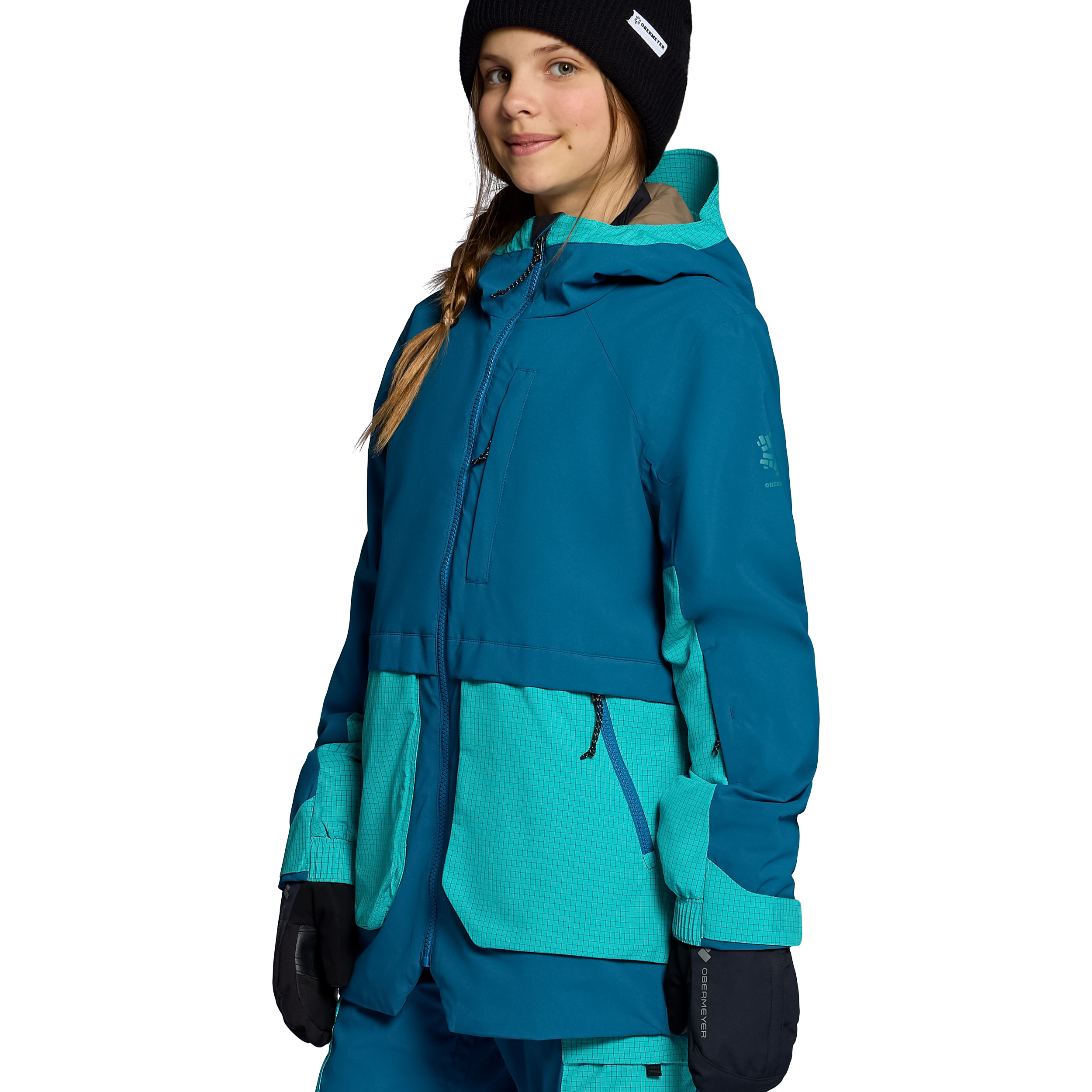 Girls insulated jacket with hooded neckline and front zipper, teal color block