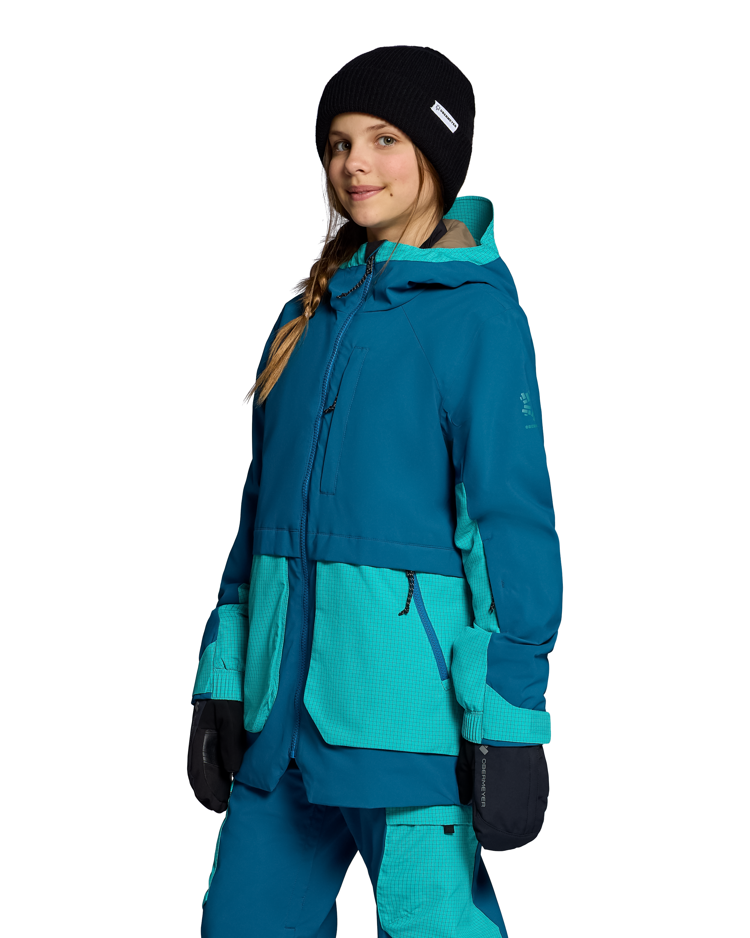 Girls insulated jacket with hooded neckline and front zipper, teal color block