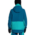 Girls insulated jacket back view with hood, teal mid-panel and dark sleeves