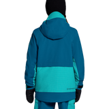 Girls insulated jacket back view with hood, teal mid-panel and dark sleeves