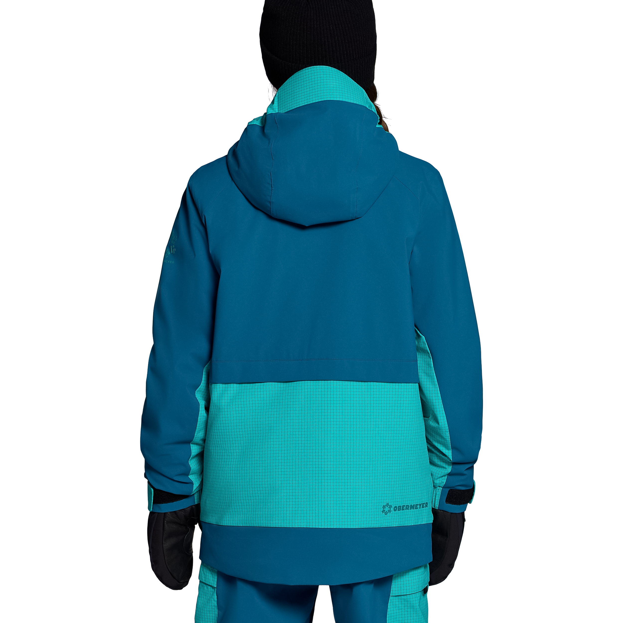 Girls insulated jacket back view with hood, teal mid-panel and dark sleeves