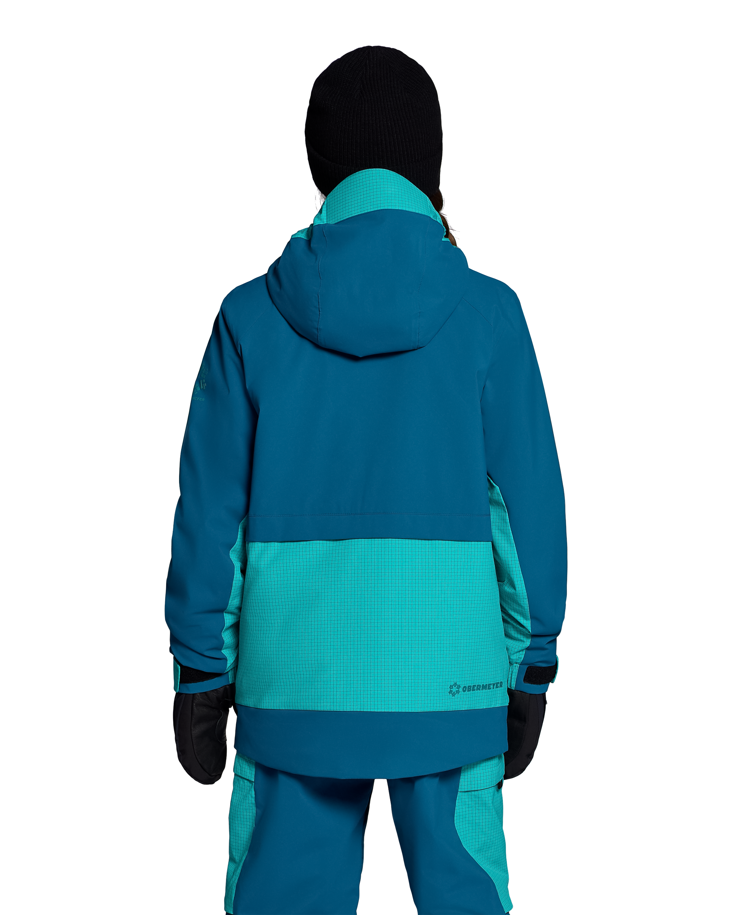 Girls insulated jacket back view with hood, teal mid-panel and dark sleeves
