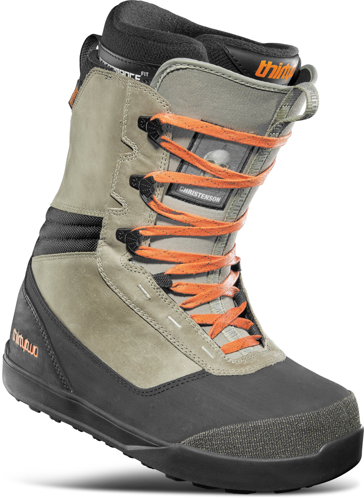 ThirtyTwo Bandito x Christenson Snowboard Boot 2025 - A gray snowboard boot with a black sole and orange laces.