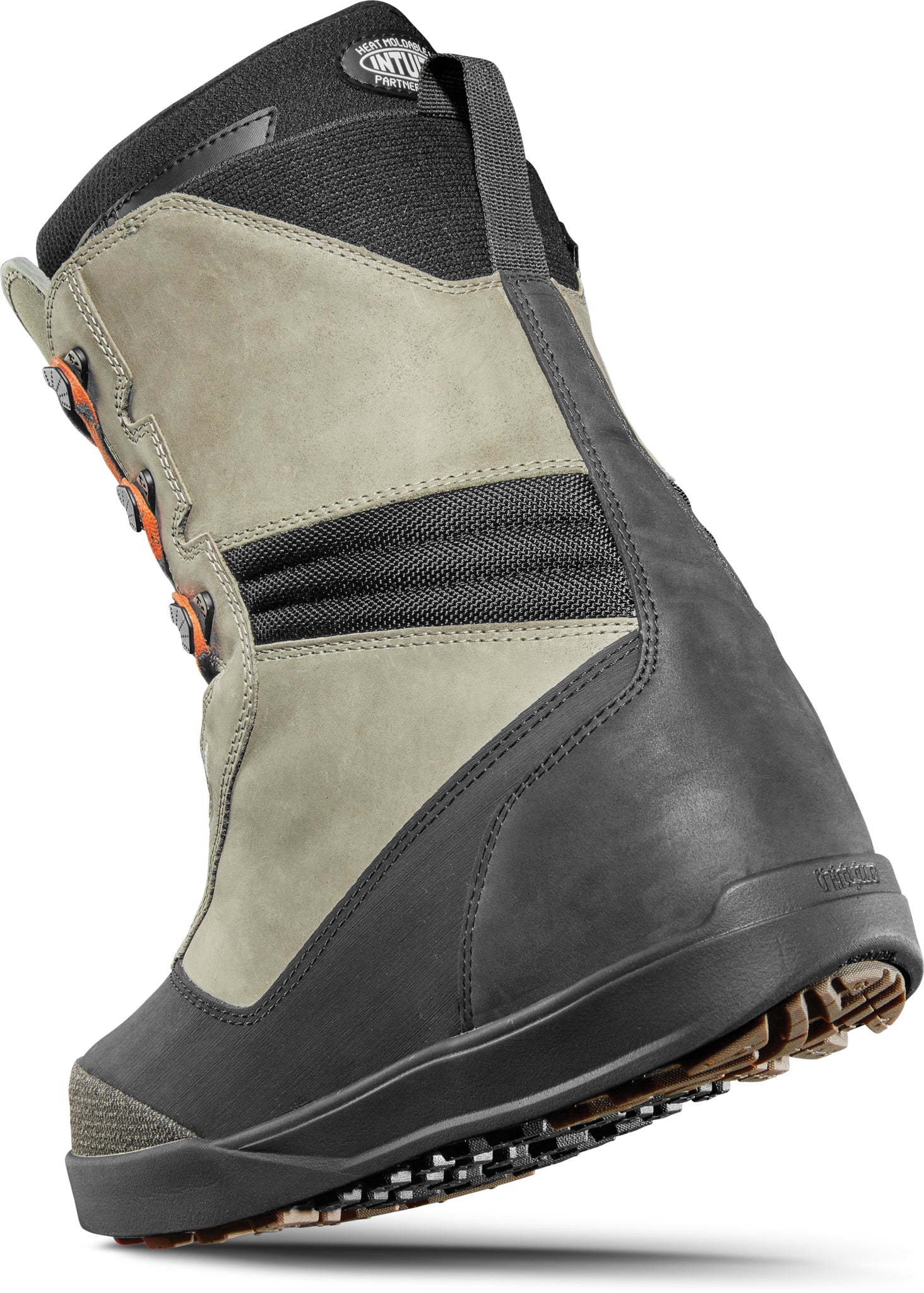 ThirtyTwo Bandito x Christenson Snowboard Boot 2025 - A tan and black snowboard boot with a textured toe cap, featuring an orange logo on the side.