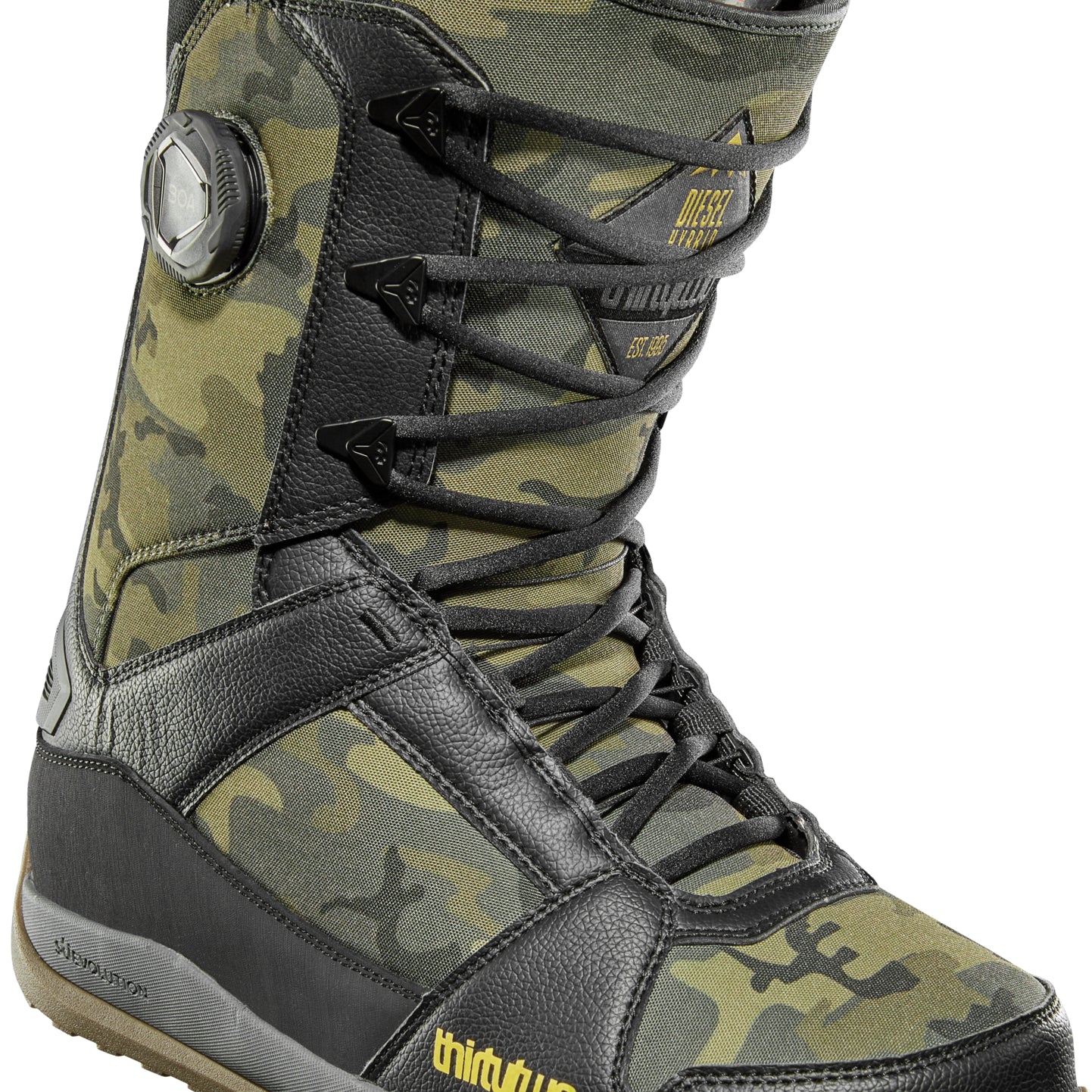 ThirtyTwo - Diesel Hybrid Snowboard Boot 2025 is shown in a green and black camouflage pattern with a brown sole.