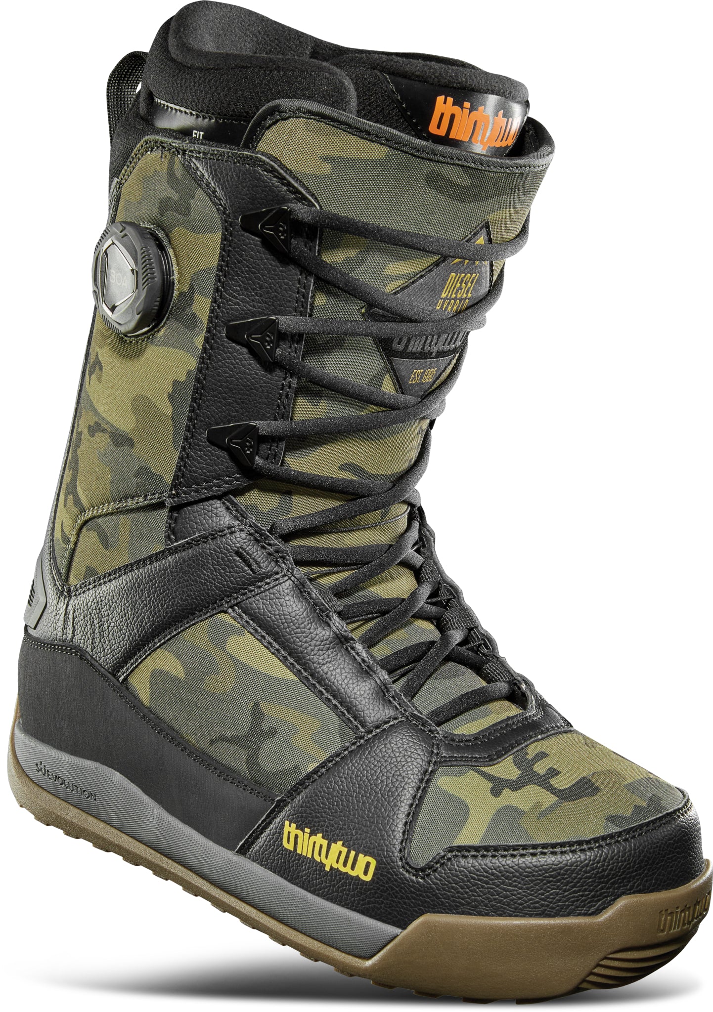 ThirtyTwo - Diesel Hybrid Snowboard Boot 2025 is shown in a green and black camouflage pattern with a brown sole.