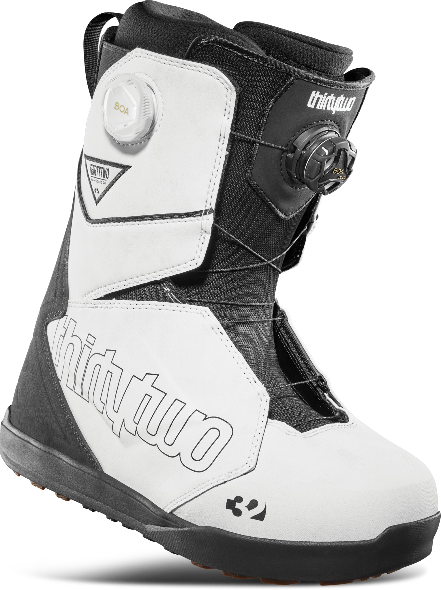 ThirtyTwo Lashed Double BOA Snowboard Boot 2025 - A black and white snowboard boot with a prominent "thirtytwo" logo on the side, featuring two BOA dials on the upper portion.