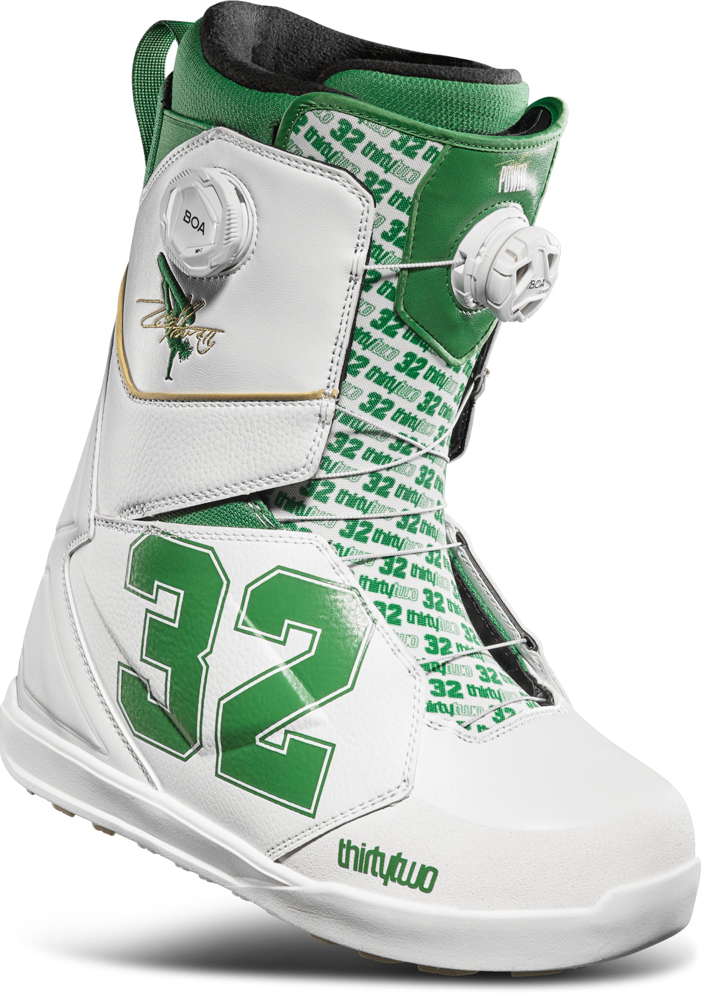 ThirtyTwo Lashed Double BOA x Powell Snowboard Boot 2025 - A white snowboard boot with green accents and a green "32" logo on the side.