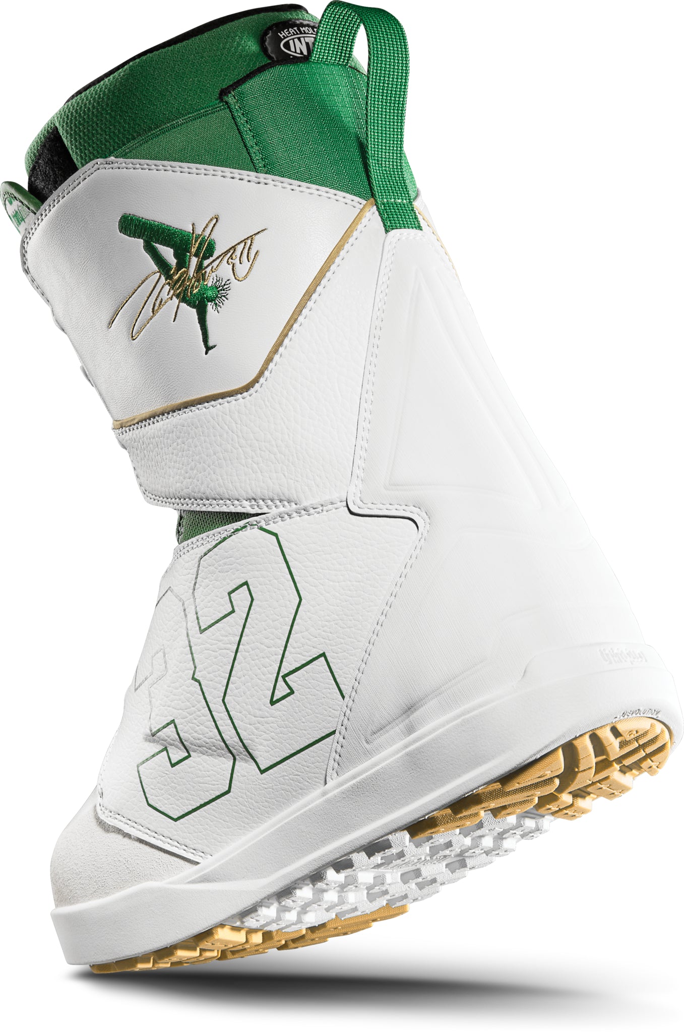 ThirtyTwo Lashed Double BOA x Powell Snowboard Boot 2025 - A white snowboard boot with green accents and a gold logo on the side.