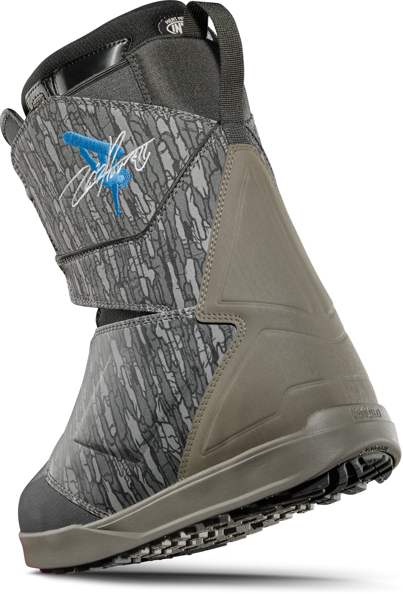 ThirtyTwo Lashed Double BOA x Powell Snowboard Boot 2025 - A gray snowboard boot with a blue logo featuring a stick figure in a backflip on the side.