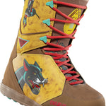 ThirtyTwo Lashed X Fava Snowboard Boot 2025 - A brown snowboard boot with a yellow strap featuring a black panther design and red laces.